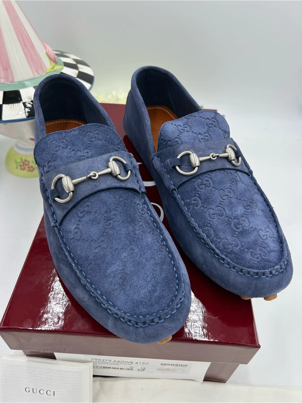 Men's Gucci blue suede GG embossed driver loafers size 12 fits 12.5 US - Picture 2 of 9